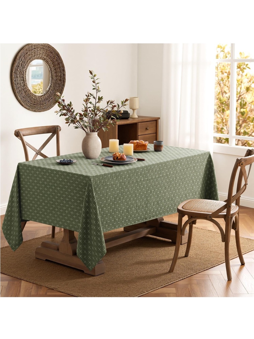 NEW MIULEE Olive Green Tablecloth Waterproof Spring Spillproof Cross-Star